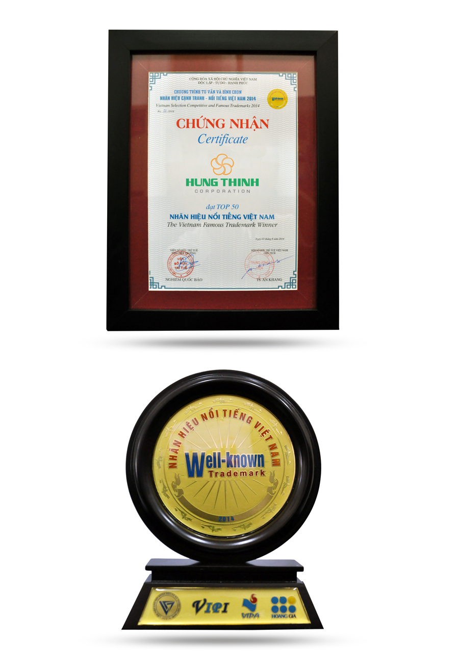 Bằng chứng nhận và Biểu trưng Top 50 Nhãn hiệu nổi tiếng năm 2014 của Hung Thinh Corp