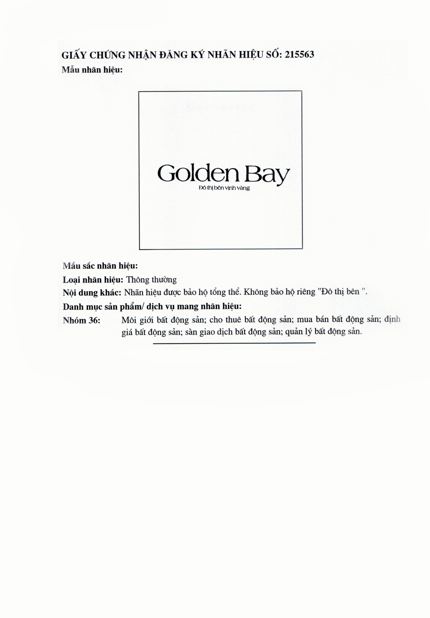  Golden Bay được chứng nhận là nhãn hiệu độc quyền của Hung Thinh Corp.