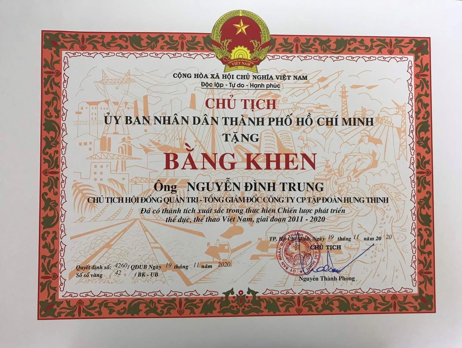 Tập đoàn Hưng Thịnh và Chủ tịch Nguyễn Đình Trung vinh dự nhận bằng khen vì có nhiều đóng góp cho thể thao nước nhà