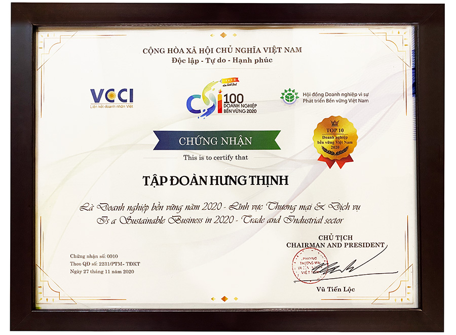 Tập đoàn Hưng Thịnh vinh dự vào  Top 10 doanh nghiệp bền vững tại Việt Nam 2020